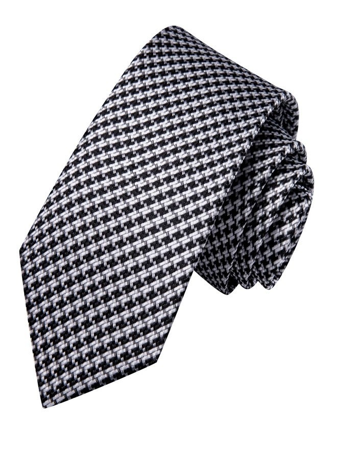 Hi-Tie Mens Plaid Ties Classic Paisley Necktie with Handkerchief Cufflinks Set Business Stripe Tie,Black White Houndstooth - Image 4